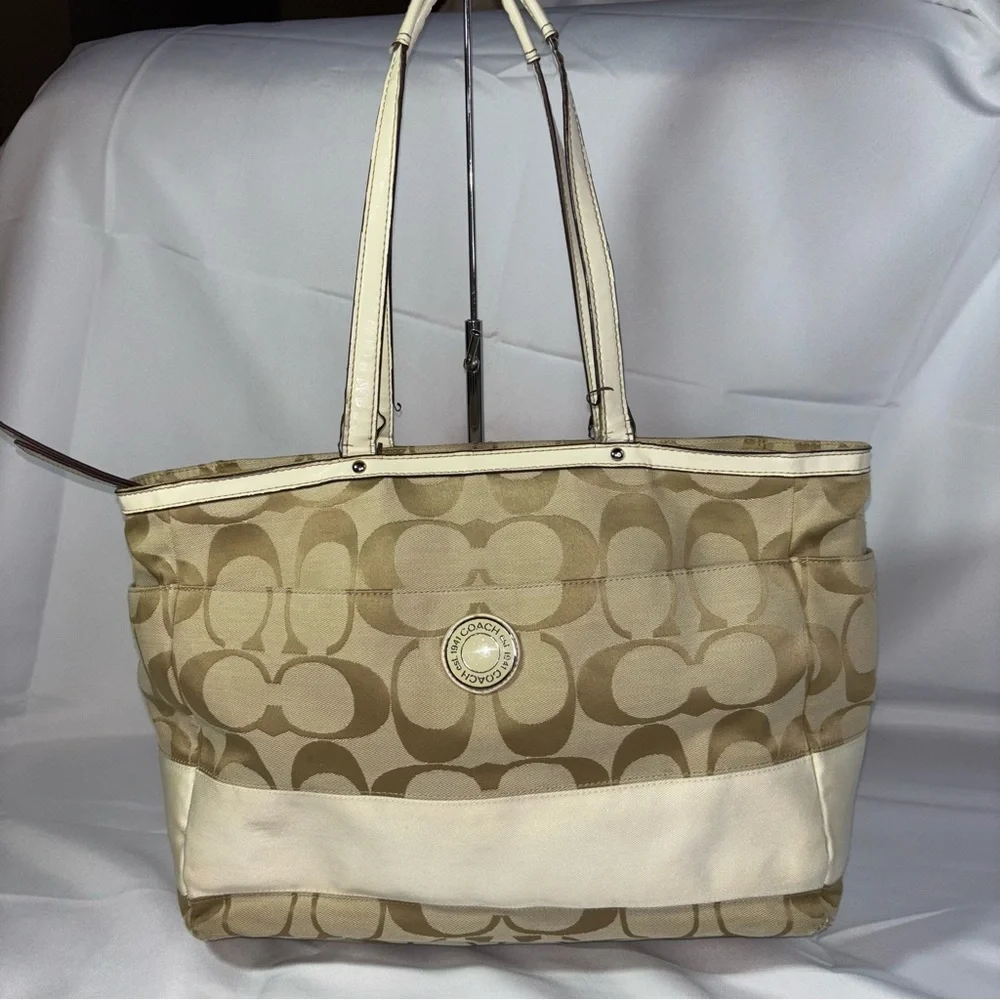 Coach F19202 Signature Stripe Multifunction Baby Diaper Travel Tote Bag